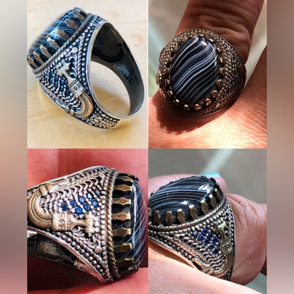 Men’s Sterling Striped Agate Ring Made In Turkey Blue Stones Size 10 Handmade